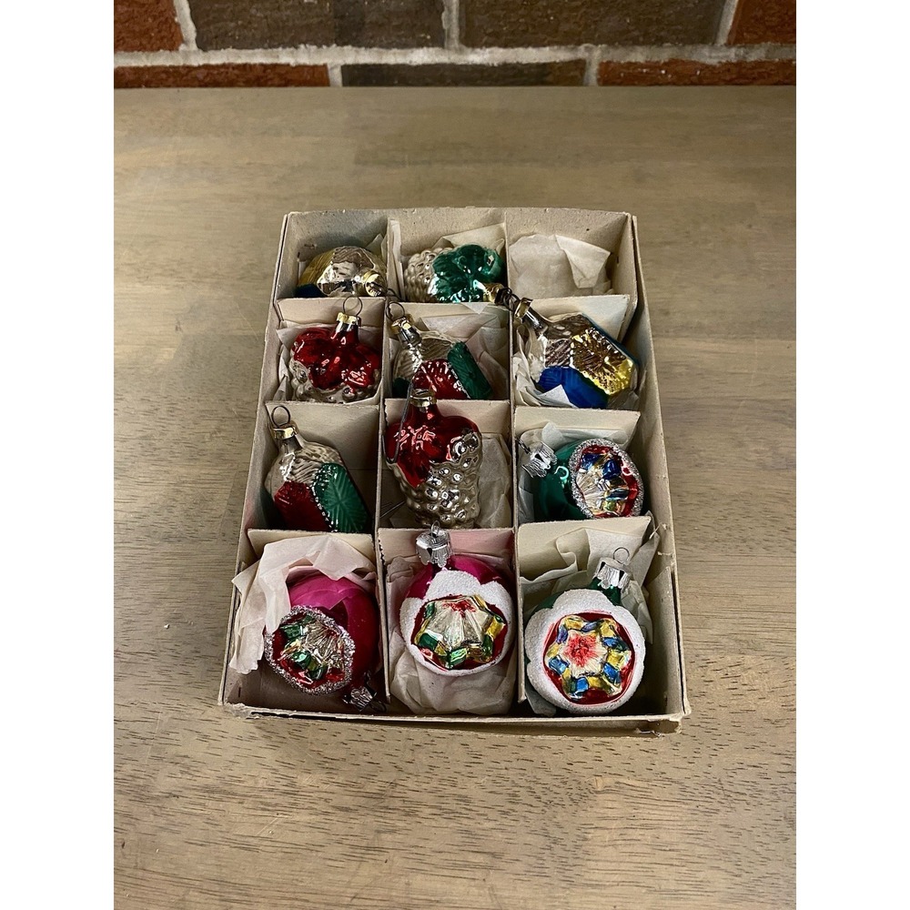Antique Mercury Glass box Christmas Ornaments and Tree Topper 11 Pieces Poland